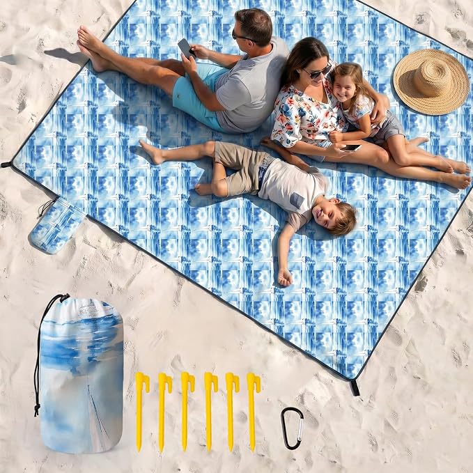 OIGAE Beach Blanket Waterproof Sandproof Oversized Beach Mat | Picnic Mat with Stakes, Storage Bag - Essentials for Outdoor Beach, Picnic,Quick-Dry Lightweight,Windproof Pockets