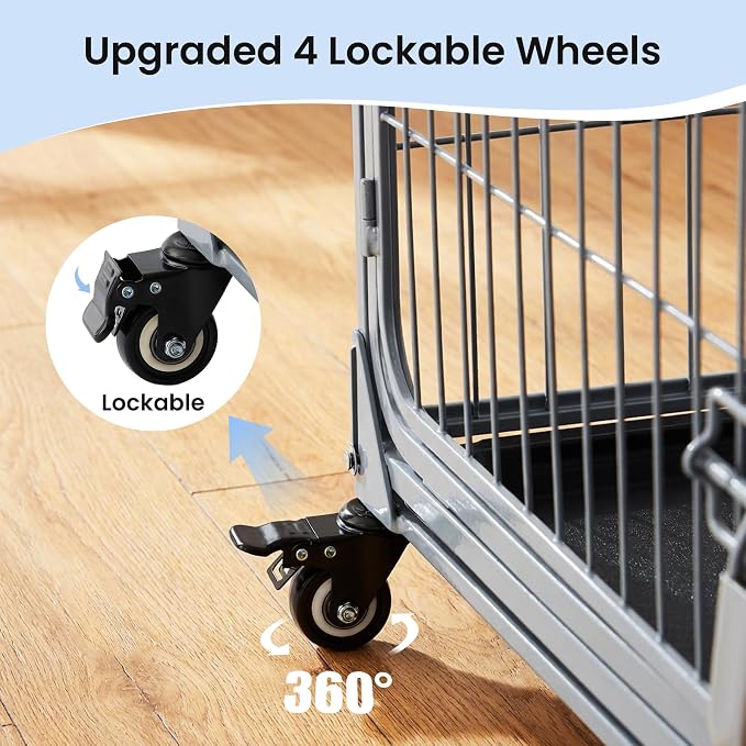 ZOMISIA Collapsible Dog Crate with Lockable Wheels - 36 inch Escape Proof Dog Kennel for Medium Dogs with Double Door, Easy Assembly Foldable Cage with Removable Tray, Indoor Outdoor Use,Silver Gray