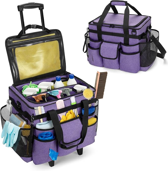 LoDrid Rolling Cleaning Caddy with Lid and Detachable Trolley, Purple | Cleaning Supplies Organizer, Cleaning Caddy Cart on Wheels with Handle and Shoulder Strap for Housekeepers