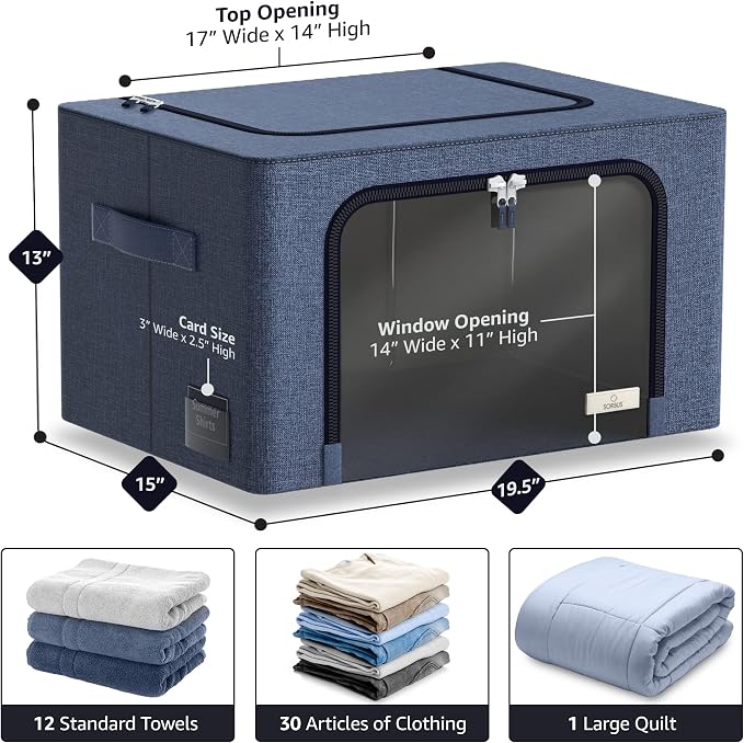 Sorbus Clothing Storage Bins with Clear Window, Metal Frame (4 Pack, Blue) | Oxford-fabric containers with carry handles stack neatly to organize bedding and linens in closets and laundry rooms.