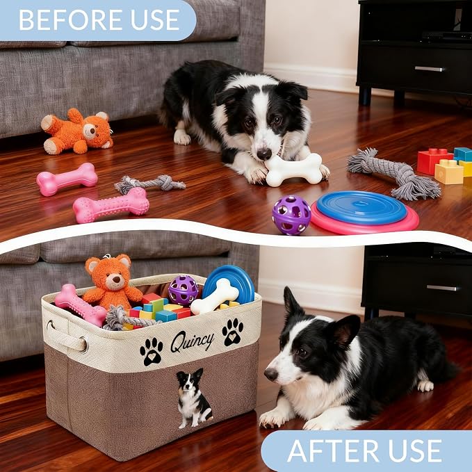 Customized Pet Toy Storage Basket - Personalized Dog & Cat Toy Organizer with Name, Foldable & Durable Fabric Bin for Pet Supplies, Organizer for Toys, Coats, Clothing, Blankets Purple