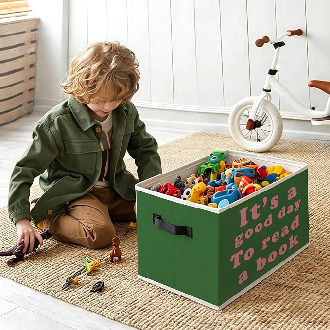 Green Classroom Book Foldable Storage Bins Box with Handles, It's Good Day to Read a Book Decorative Storage Boxes Baskets Toybox Organizer for Library Reading Room Classroom Kids Room