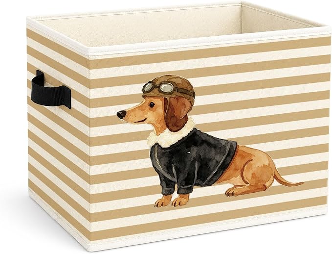 Aviator Dog Storage Bin, Dachshund Pilot Beige Stripe Fabric Basket | Beige stripe collapsible fabric organizer for nursery, bedroom, playroom, toys, books, clothes