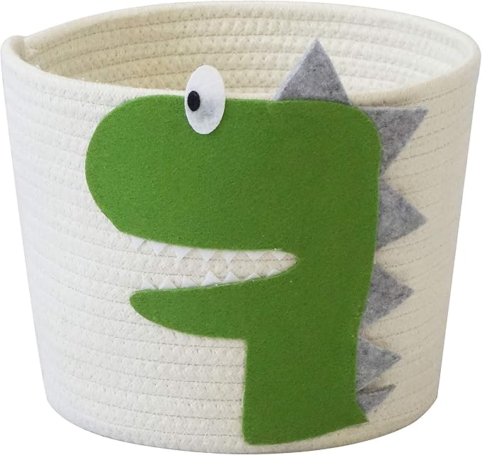 T&T Homewares Small Cotton Rope Basket with Cute Green Dinosaur for Baby Diaper Organizer, Woodland Nursery Storage, Kids Room Organizer, Baby Laundry Baskets, Cat Dog Toy Basket