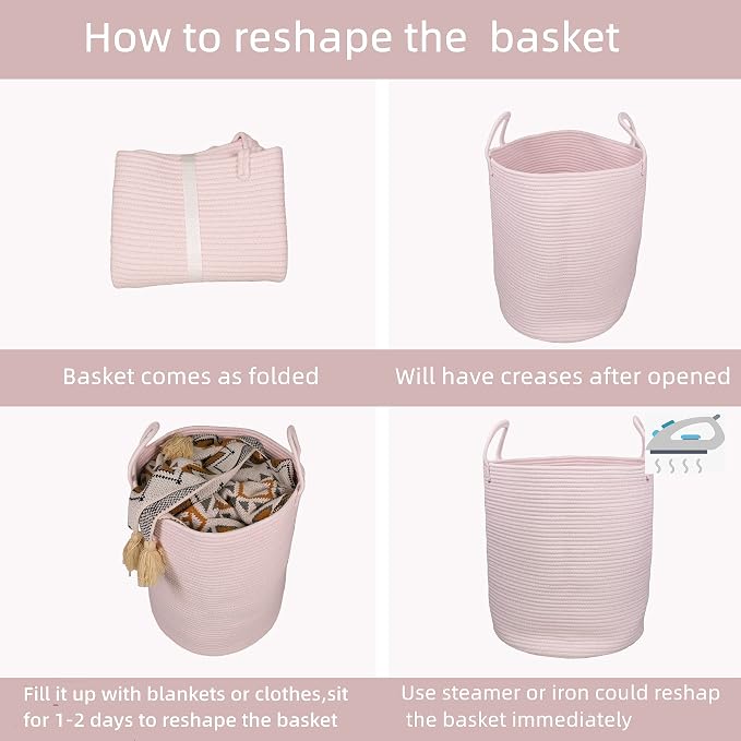 Woven Cotton Rope Laundry Basket, 15" x 20" Laundry Hamper, Pink | Rope storage basket for dirty clothes, toys and blankets. Perfect for bathroom, baby nursery and living room storage.