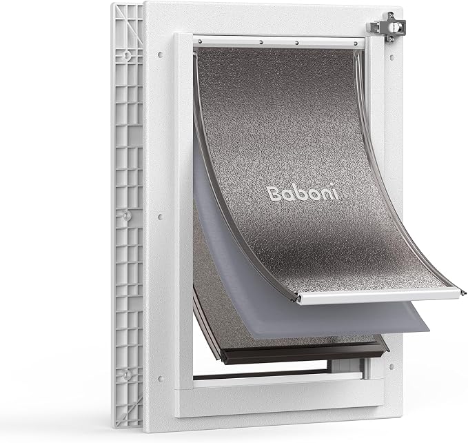 Baboni Dog Door for Door,Durable Plastic Frame,Medium | Pets Up to 40 Lb,for Interior and Exterior Doors,Aluminum Lock,Metal Panel,Strong Magnetic Flaps, Never Rust