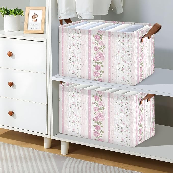 Pink and White Striped Rose Floral Storage Basket Foldable Cube Storage Bin with Handles&Label Collapsible Organizer Box Bin Large Rectangle Decorative Basket for Shelve Home Living Room Closet