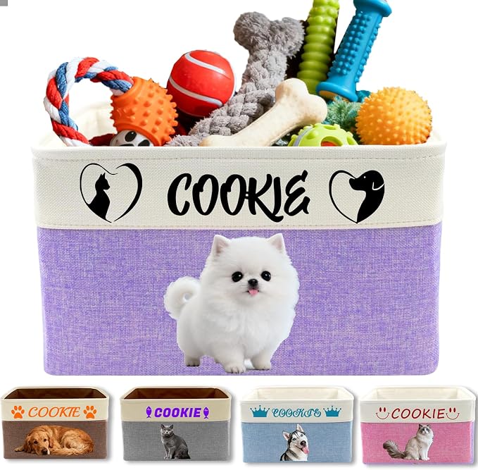 Personalized Pet Toy Basket Custom Dog Toy Storage Organizer with Handles Customized Dog Basket Box with Name Photo Icon for Dogs Cats - Purple