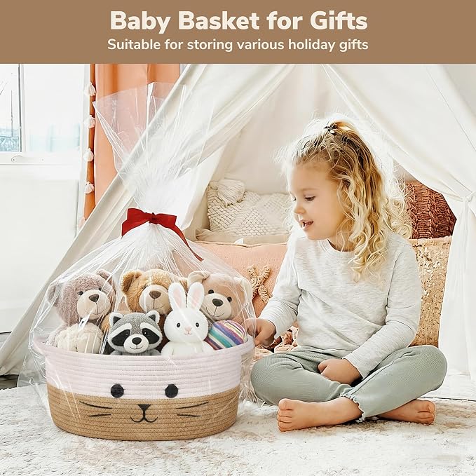 Medium Woven Rope Cat Toy Basket with Cat Face, White Jute | 13.8" x 6" Cat Toy Storage Bin for Living Room & Nursery, Pet Gift Basket Empty with Sturdy Handles, Cozy Cats Bed