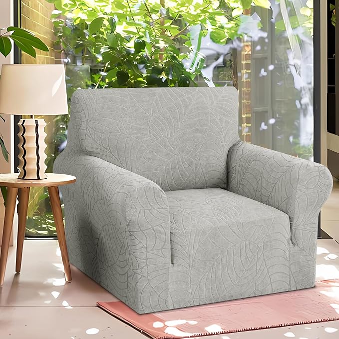YEMYHOM Couch Cover Latest Jacquard Design High Stretch Sofa Chair Covers for Living Room, Pet Dog Cat Proof Armchair Slipcover Non Slip Elastic Furniture Protector (Small, Begonia Leaf Light Gray)