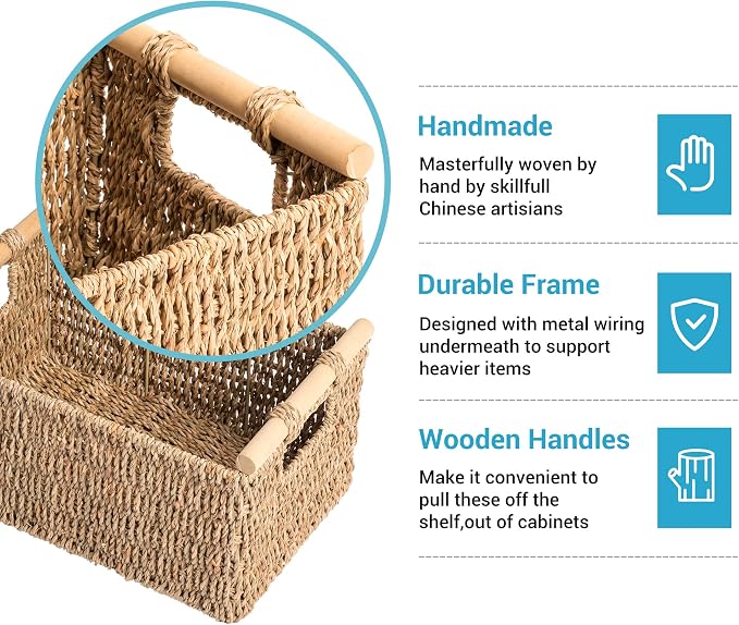 JS HANGER Seagrass Storage Baskets, Handwoven Wicker Shelf Baskets Bin for Organizing Decorative Wicker Baskets with Wooden Handles,12.6"L x 7.9"W x 7.1"H, 2-Pack