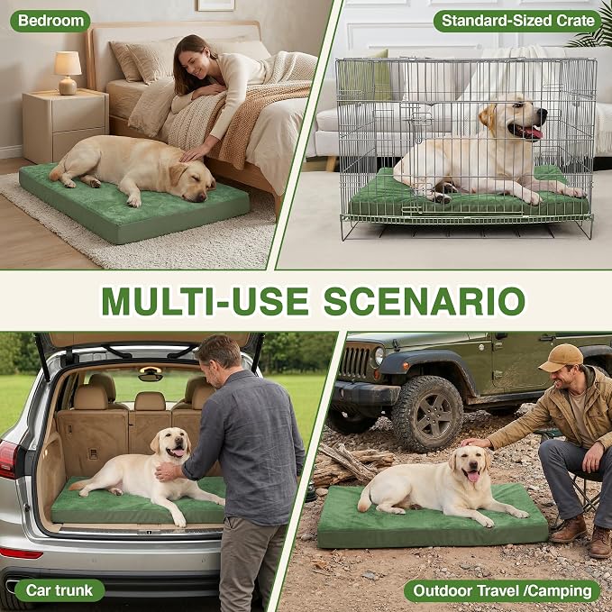 XXL Dog Bed Waterproof Washable Outdoor, Large Foam Crate Pad 48" Green | Jumbo Pet Bed, Reversible Wipeable Faux Leather & Soft Flannel, Durable Removable Cover, Anti-Slip Kennel Pad 47"x29"