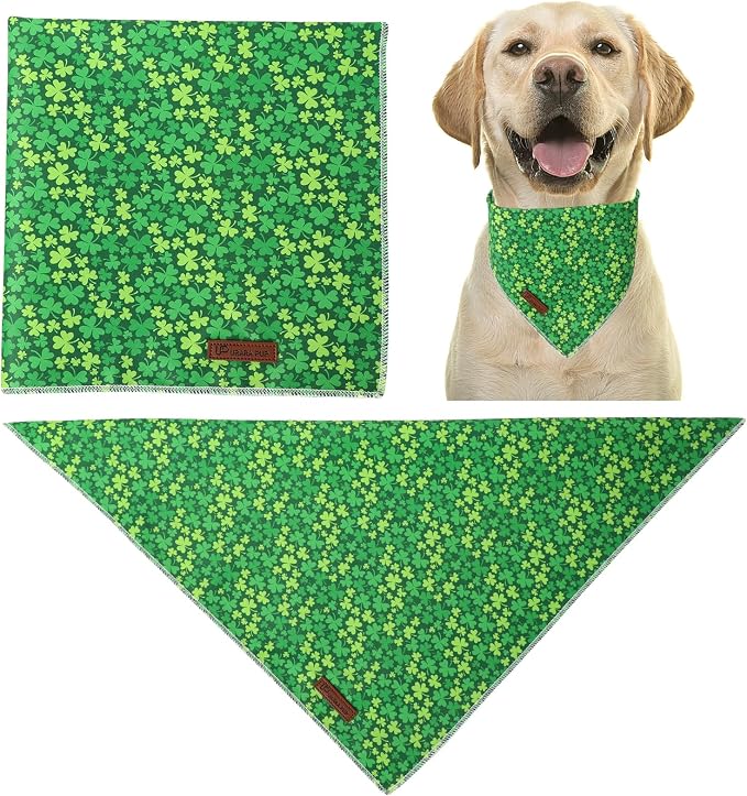 St. Patrick's Dog Bandanas, UP URARA PUP Shamrock Triangle Bid Clover Scarf for Medium Large Girl Boy Dogs, Spring Cotton Puppy Kerchief, Green Dog Bandana,L