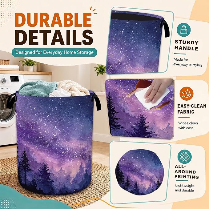 Galaxy Laundry Basket,Purple Forest Foldable Oxford Laundry Hamper with Handles,Collapsible Clothes Storage Bucket Tote Bag for Laundry Room,Bathroom,Bedroom,Dorm