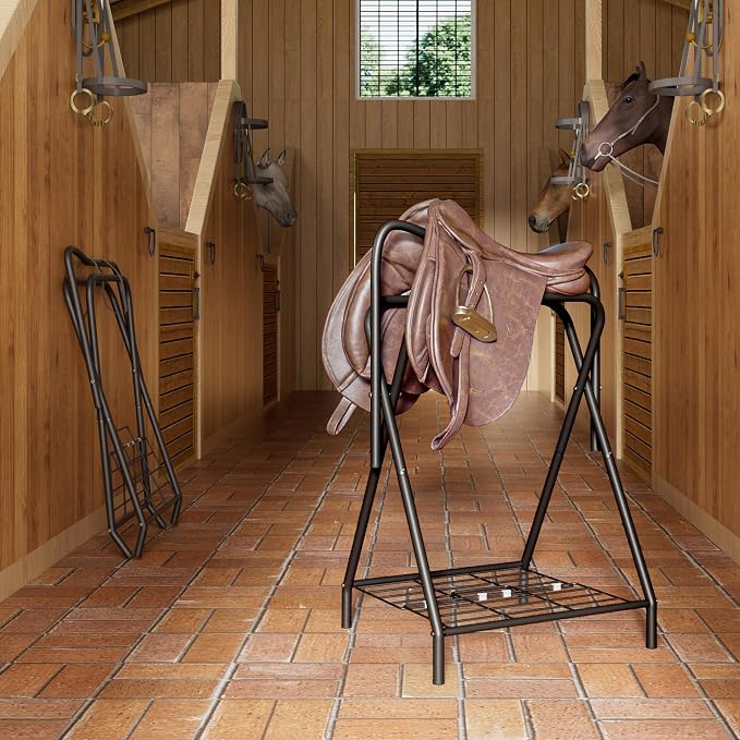 Dunatou Foldable Saddle Rack with Bottom Storage Shelf – Heavy Duty Horse Saddle Stand for English & Western Saddles, Portable Blanket Holder & Saddle Pad Rack for Tack Room, Barn & Trailer, Black
