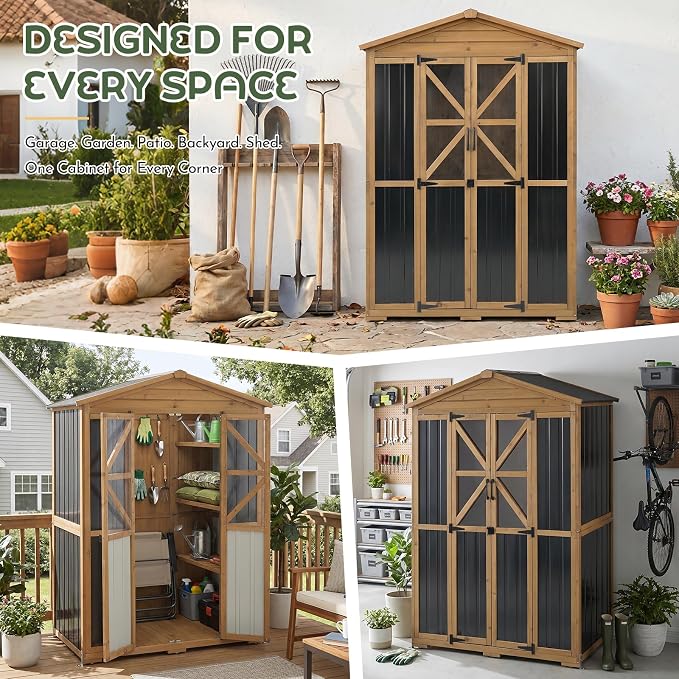 Extra Large Outdoor Storage Cabinet Weatherproof, Garden Shed with Shelves | Waterproof Asphalt Roof, 6 Adjustable Shelves & Anti-Tip Wall Brackets, Lockable Doors, 6 Hooks, for Garden, Garage, Patio