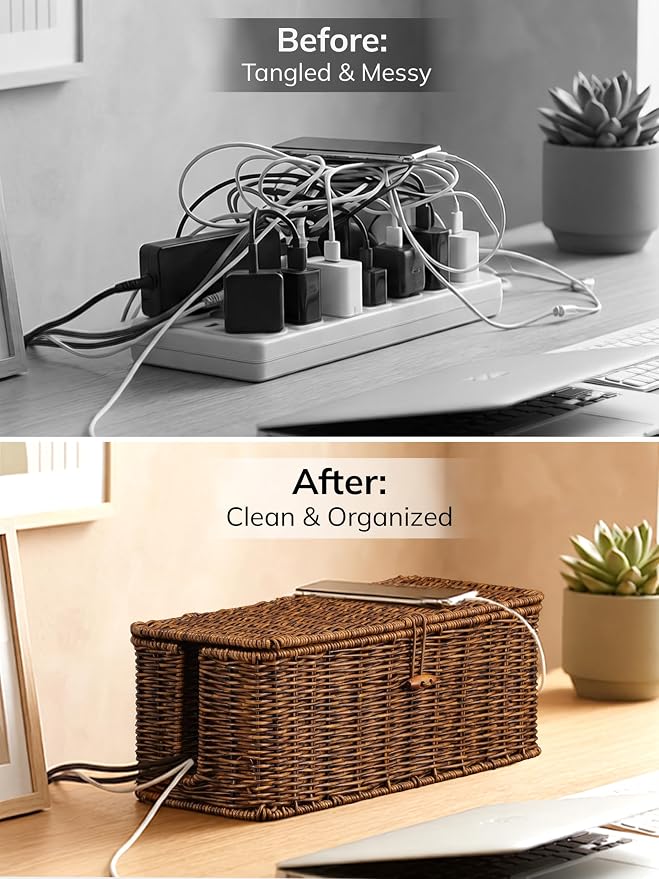 Cable Management Box, Cord Organizer with Lid & Cable Ties - Brown Set | Handmade Open Slots Cord Hider Outlet Covers for Power Strip TV PC Router Charger Under Desk Storage