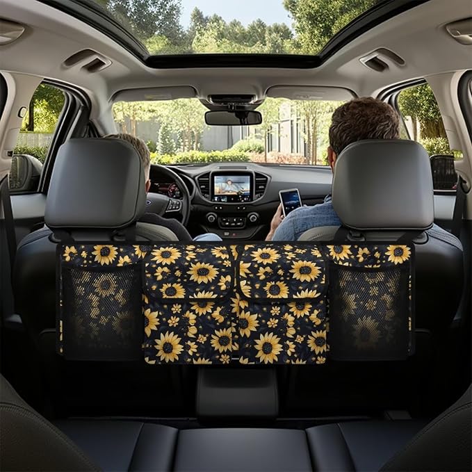 Dreaweet Sunflower Car Trunk Organizers for Women Collapsible Trunk Organizer for SUV with 4 Big Pockets Car Storage Accessories Interior Easy to Install Multifunctional Car Seat Back Storage Bag