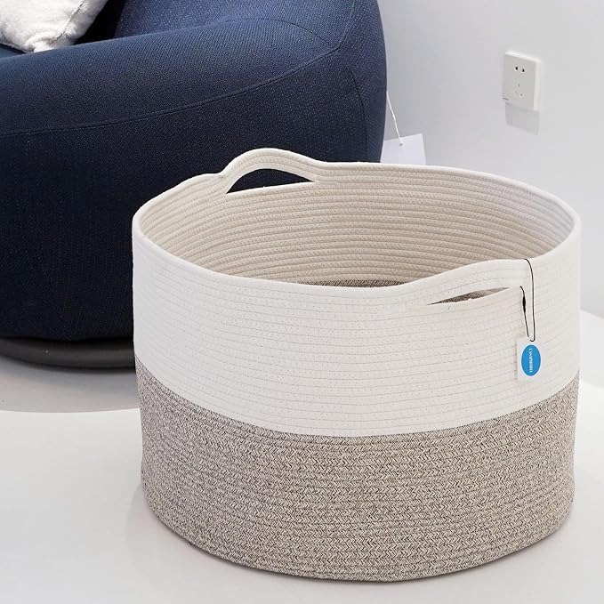 Casaphoria XXL Cotton Rope Basket - 21.7" x 21.7" x 13.8" Woven Laundry Hamper with Handle