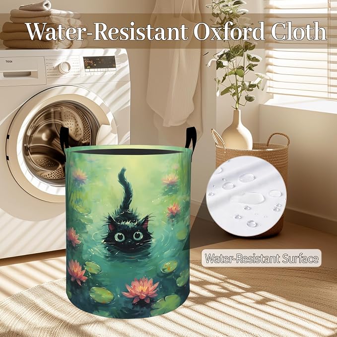 Black Cat Laundry Basket, Cute Kitten Swimming Foldable Oxford Cloth, Waterproof Dirty Clothes Hamper with Handles, Clothing Storage Bin Toy Organizer for Bedroom Dorm Bathroom, 19.7"x15.7"