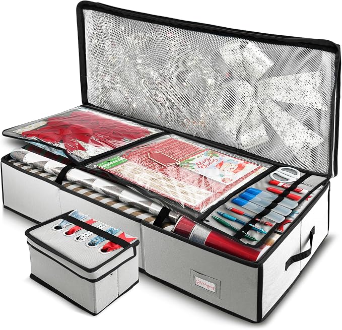 Hearth & Harbor Wrapping Paper Storage Container - Christmas Storage Bag with Ribbon Dispenser and Interior Pockets - Gift Wrap Organizer Fits Up to 26 Rolls of 40" Length, Silver