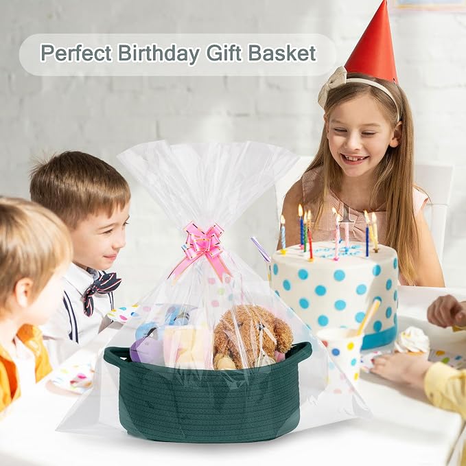 COMSE Empty Small Gift Basket with Bag & Ribbons, Dark Green | Cotton Rope, 12"x 8"x 5", Baby Toy Organizer, Stores Small Items for Bedrooms, Nurseries, Bathrooms, Living Rooms, Offices