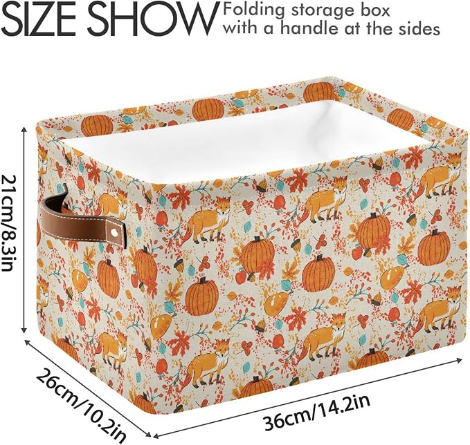 Fall Pumpkin Fox Storage Basket with Waterproof Liner and PU Handles Autumn Maple Leaves Berry Storage Bins Boxes 14.2" Collapsible Decorative Organizer Baskets for Bedroom Closet Office 2 Pack