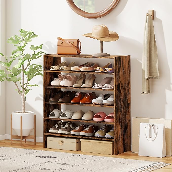 COSTWAY 6-Tier Shoe Rack, Extra Wide Shoe Shelf Organizer | Stackable Design, 31" Freestanding Adjustable Storage Shoe Stand for Small Space Entryway Hallway Closet (2,Rustic Brown)