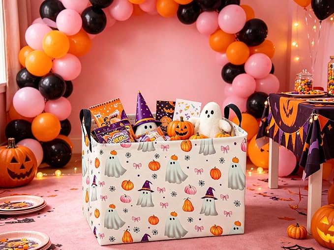 Sanjiaofeng Rectangular Pink Halloween Ghost Storage Basket,Trick or Treat Halloween Basket,Halloweens‌ Party Candy Gift Baskets(Pink Pumpkin)