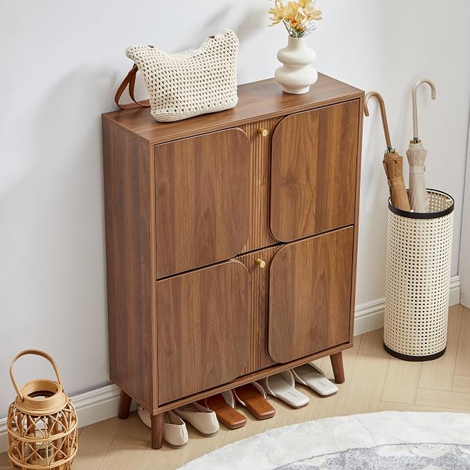 BERRYMERRY Unique 27.6" W Shoe Storage Cabinet with 2 Flip Drawers | Walnut,Hidden,Small,Front Door,Entryway,Narrow