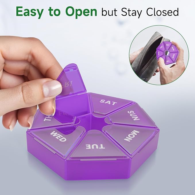 Weekly Pill Organizer, 2 Pack Portable Travel Pill Box, 7 Day Pill Case | Easy Open, BPA-Free, Arthritis Friendly Medicine Pill Container, Medicine Case for Vitamins,Supplements Medications, Purple