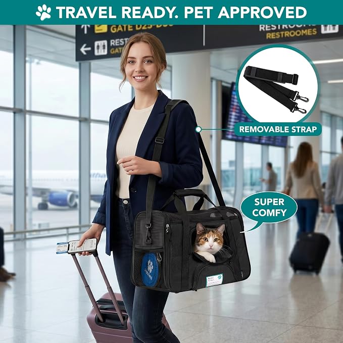 PetAmi Airline Approved Pet Carrier for Cats & Small Dogs, Large, Black | Soft Sided TSA Travel Bag, Sherpa Bed, Breathable Mesh Ventilation, Collapsible Bowl, Fits Under Seat, Up to 18 lbs