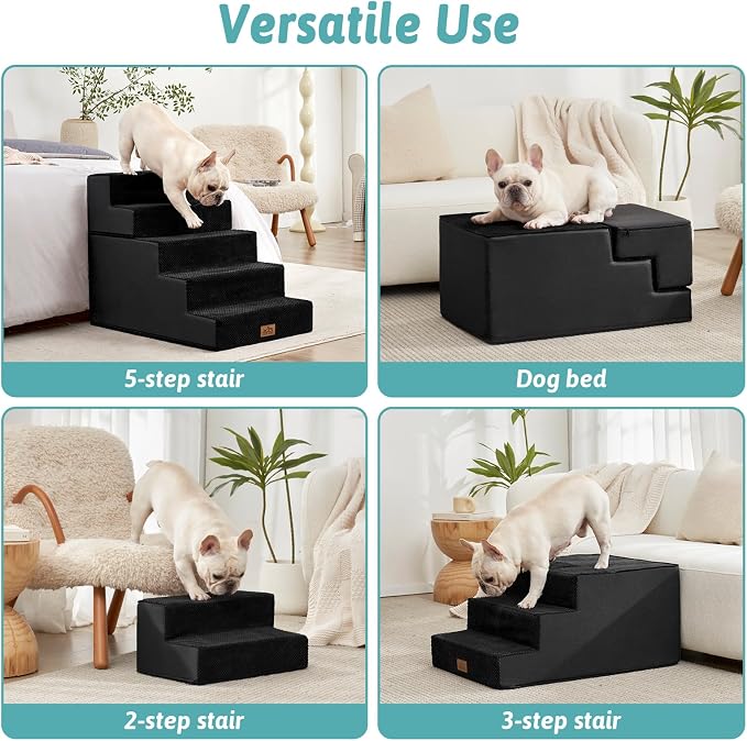 COZY KISS Dog Stairs for Small Dogs, 5 Step Pet Stairs for Beds & Couches | 23.6" H Wide Non-Slip Dog Steps with Removable Tiers & Support Board for Puppies, Older Cats & Dogs, Black