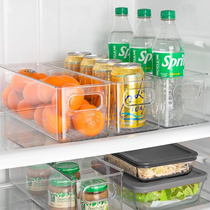 Plastic Food Storage Clear Container Bin with Handles for Organizing Kitchen, Pantry, Refrigerator, Freezer, Pantry, Cabinet, Closet, Bathroom. 14”x4”x4”