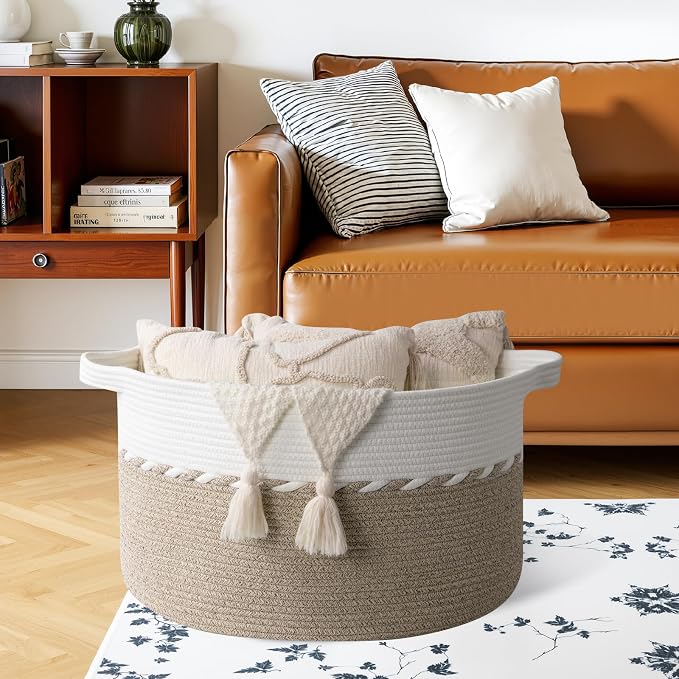 OIAHOMY 105L Extra Large Blanket Basket - Decorative Cotton Rope Storage Basket for Bedroom, Living Room & Nursery - Woven Laundry Hamper for Organizing Blankets, Clothes & Toys - Light Brown & White