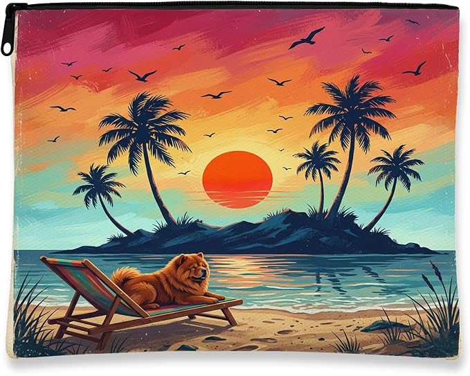 Chow Chow Dog Makeup Bag, Retro Coastal Beach Palm Tree Cosmetic Travel Pouch for Women Girls, Pet Portable Small Canvas Zipper Organizer 7x9 Inch