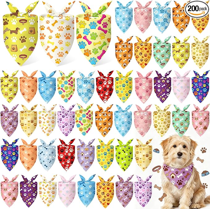 200 Pcs National Dog Day Dog Bandanas Bulk Pastel Paw Prints Pattern | Triangle Kerchief Bibs Scarf Set for Pets Birthday Party Costume Photo Props Accessories, 25 Styles, 25.6 x 17.7 x 17.7 Inch