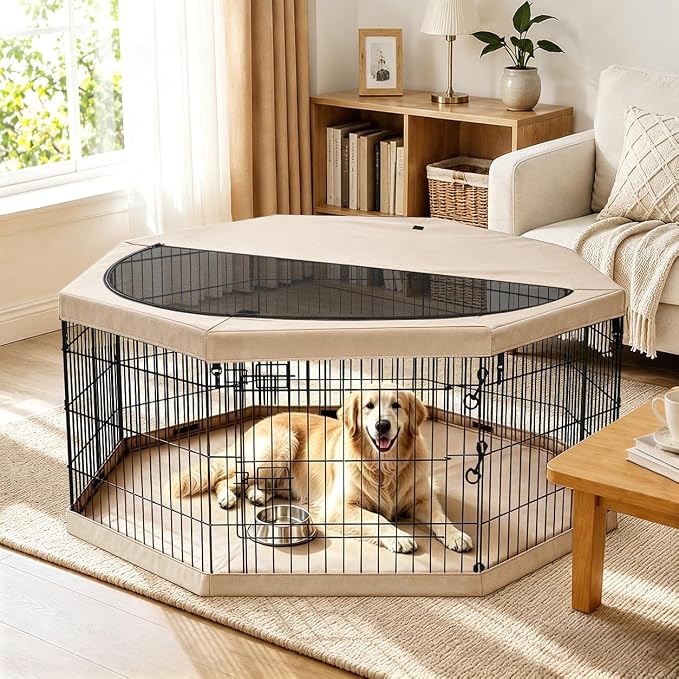 PETIME Foldable Metal Dog Exercise Pen/Pet Puppy Playpen Kennels Yard Fence Indoor/Outdoor 8 Panel 24" W x 30" H with Top Cover and Bottom Pad