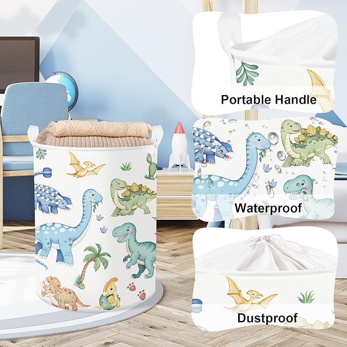 Clastyle Boho Dinosaur Laundry Basket Palm Tree Kids Clothes Book Storage Basket Gift Toy Box for Bedroom Decor,Pterosaur,36x45 cm | Large Storage Basket with Lids for Toys Clothes Books, 25kg Load Capacity, Freestanding, Waterproof, Collapsible