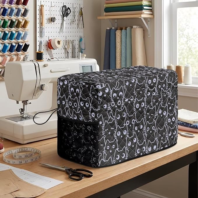 Sewing Machine Cover Polyester Febric Line Cute Black Cat Print | Dust Pet Hair Protection,Quilting Design,Fits Standard Singer,Brother Janome Machines,Protecting Decorating Your Sewing Space