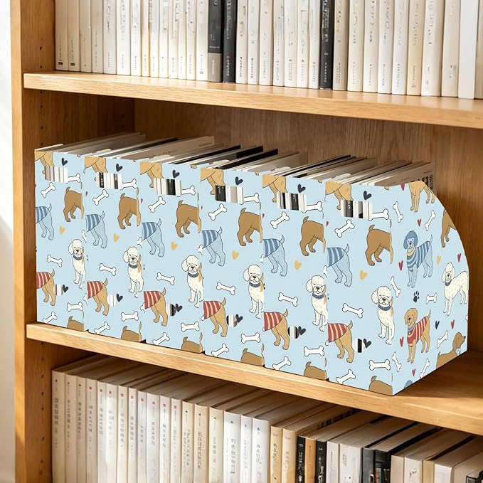 Emelivor Pets Blue Dogs Print Magazine Holder Set of 3 Desk File Organizer Foldable Vertical Folder Holder with Labels for Office Organization Book Bins for Library Classroom Home