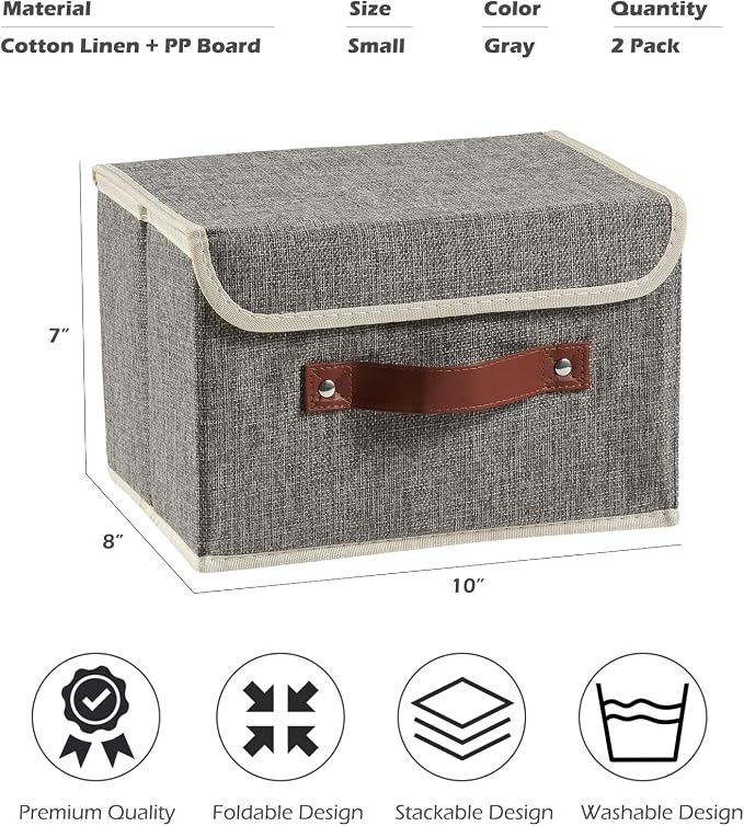 2PCS Storage Boxes with Lids Cotton Linen Fabric Bins Baskets | Decorative Collapsible Washable, Clothes Container Organizer for Closet Shelf, w/ Faux Leather Handles, Gray, Small