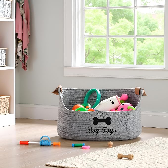 Dog toy basket storage large dog box pet bed great for collecting pet toys, blankets, leashes, clothing in living room playroom closet - Gray