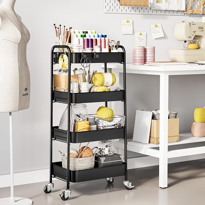 TOOLF 4 Tier Metal Rolling Cart, Utility Storage Cart with Wheels, Black | Screwless Assembly, Lockable Metal Wheels, Trolley Organizer for Bathroom, Kitchen, Office, Dorm, Laundry, Craft Room