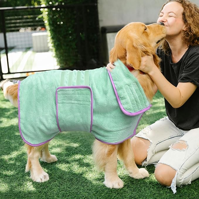 Soft Dog Bathrobe Fast Drying Dog Coat, Super Absorbent Dog Towels for After Bath, Microfiber Pet Robe Adjustable Collar & Belly Warm Keeping Dogs Coat for Pet Dogs & Cats (Green, Large)