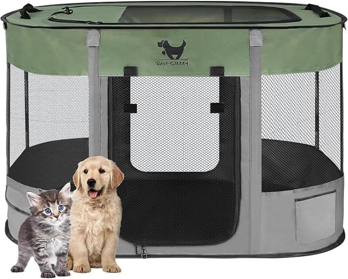 Dog Playpen, Foldable Kitten Playpen for Medium Dogs, Portable Pet Puppy Playpen with Removable Shade Cover, Indoor Outdoor Travel Camping Use for Small Pets with Carrying Case (S, Green)