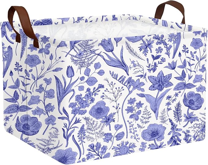 Chinoiserie Rectangle Storage Basket, Blue | Gift Basket Collapsible, Toy Bin, Nursery Playroom Bedroom Decor, Baby Child