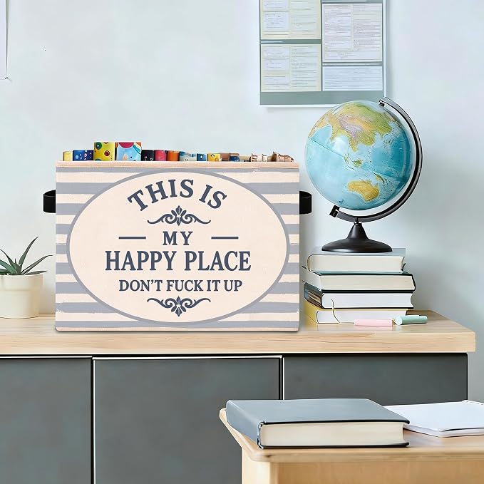 Happy Place Storage Bin, Foldable Fabric Basket for Home Organization | Foldable fabric storage bin with happy place quote design for toys, books, clothes, bedroom, closet, living room, and office.