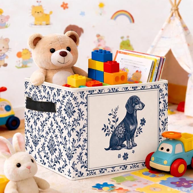 Blue Floral Dog Storage Bin, Foldable Fabric Organizer | Vintage blue floral dog storage bin for toys, books, clothes, pet supplies, nurseries, bedrooms, shelves, and closets.
