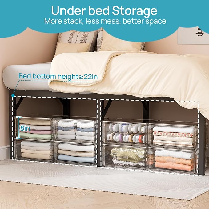 Vtopmart 4 Pack Large Clear Stackable Storage Drawers 23QT | Easily Assemble Plastic Closet Storage Bins, Dust-Proof UnderBed Organizer for Clothing, Sweater Organization